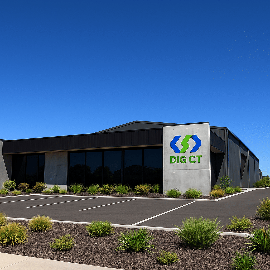 Modern office building with empty car park